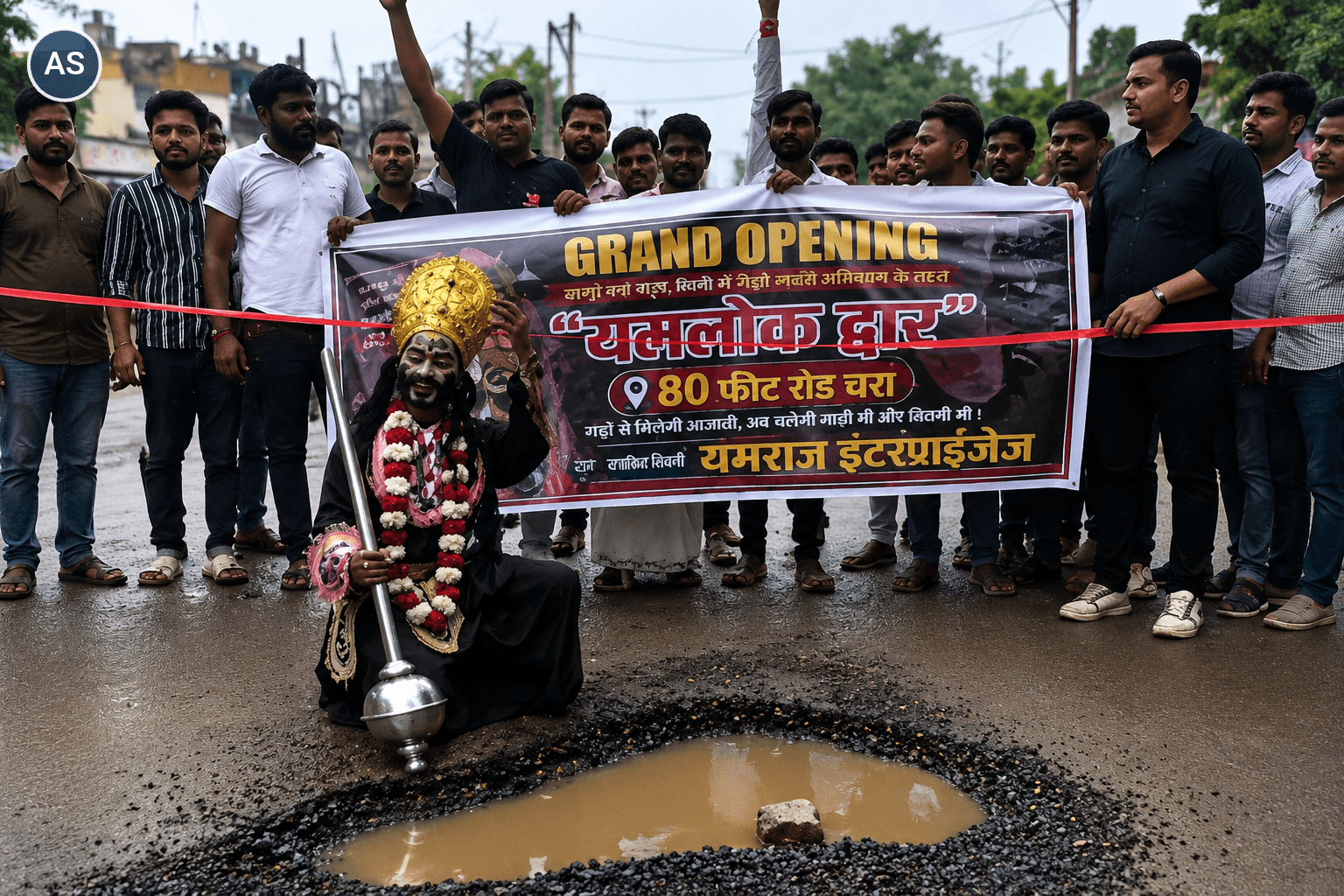 यमराज ने फीता काटकर रोड़ का उद्घाटन किया, यमराज का द्वार -ग्रैंड ओपनिंग का बैनर लगाया।